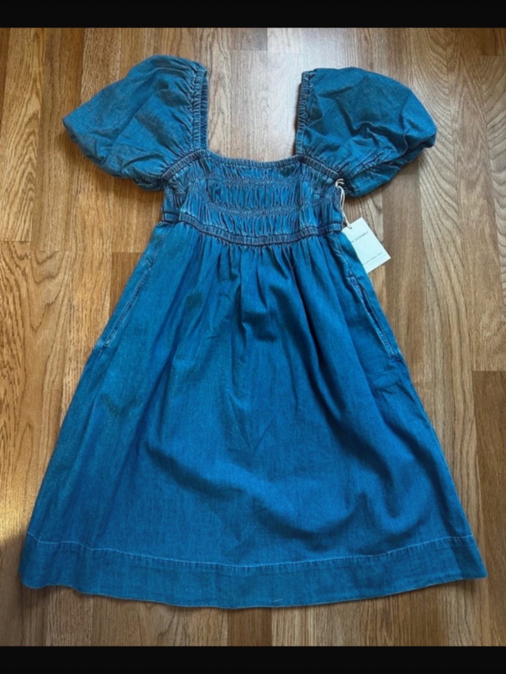 Free Assembly Denim Babydoll Smocked Puff Sleeve Mini Dress - NWOT